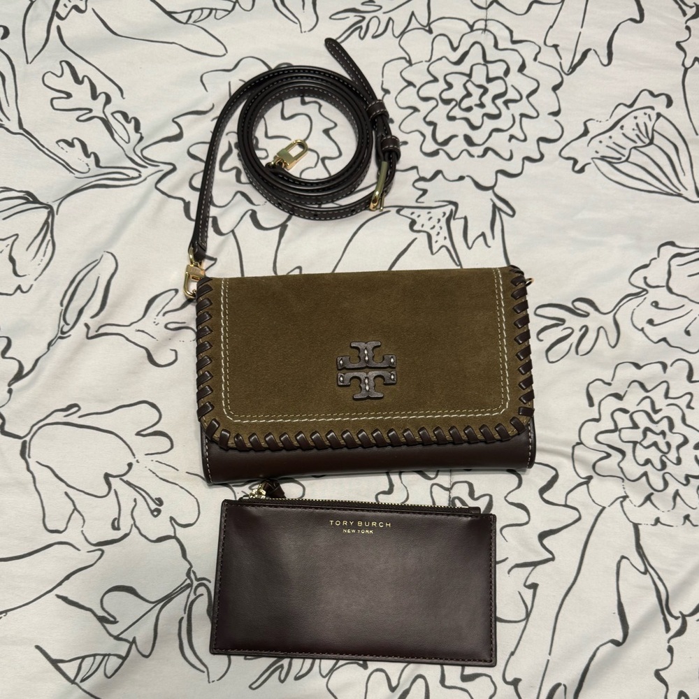 Tory Burch Stitched Leather Suede Brown Crossbody Set